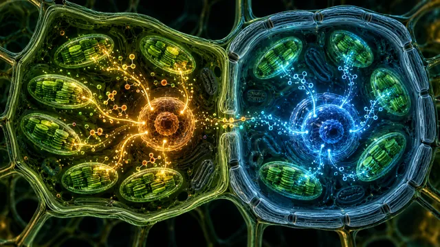 AI-generated conceptual illustration for C4 leaf cells show distinct chloroplast-to-nucleus signalling