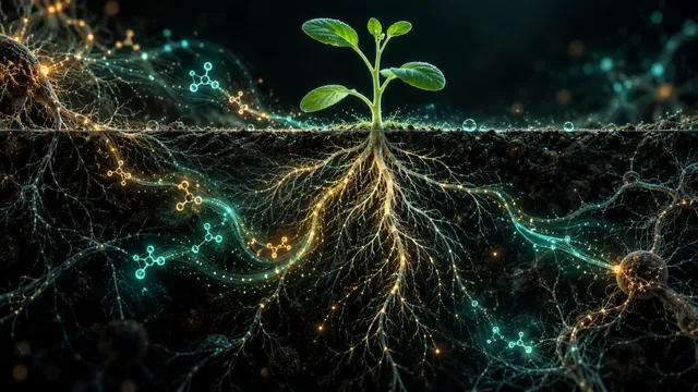 AI-generated conceptual illustration for Fungal Volatiles Linked to Root Growth Under Osmotic Stress