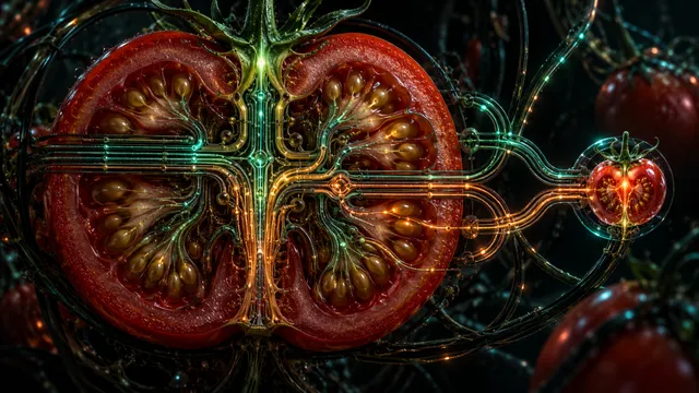 AI-generated conceptual illustration for Tomato gene duplicates often retain ancestral expression patterns