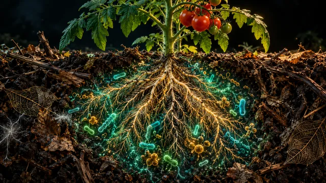 AI-generated conceptual illustration for Urban biowaste compost reshapes bacteria around tomato roots