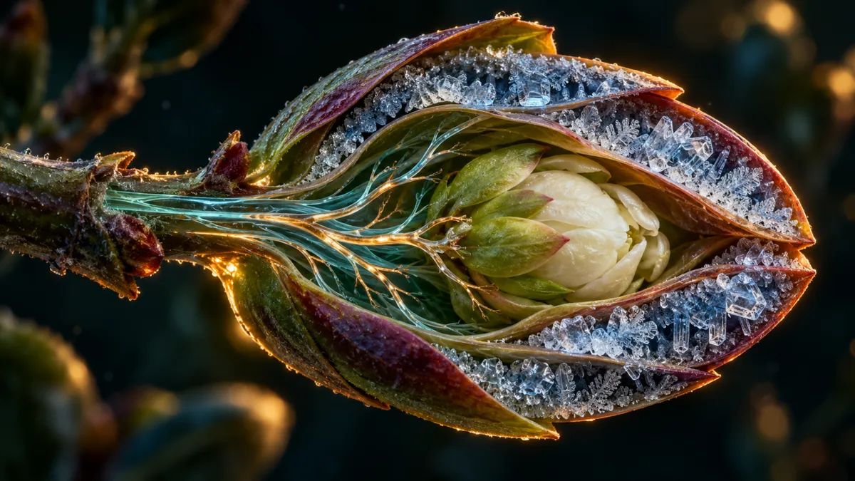 AI-generated conceptual illustration for Blueberry flower buds lose a local ice barrier as spring arrives