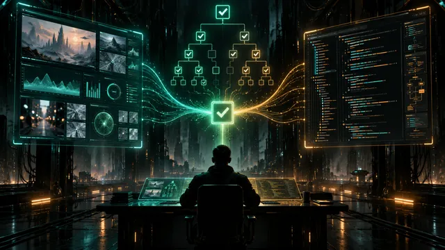 AI-generated conceptual illustration for VeriCUA explores digital environments to check whether agent tasks are complete